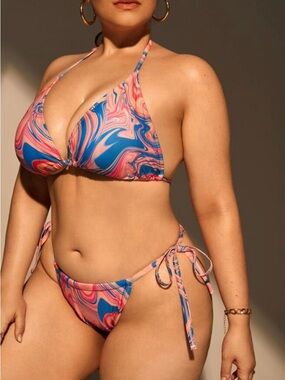 SHEIN Pink & Blue Marble-Print Triangle Bikini Set